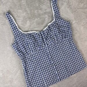 Hollister Women's Blue Plaid Button Front Smocked Tank Top Size L Lace Trim NWT